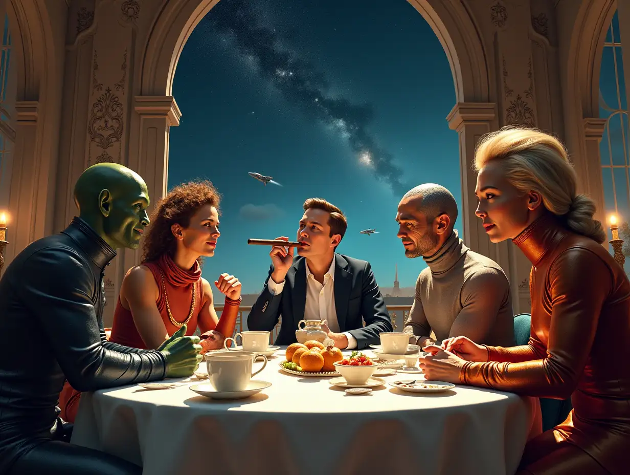 Generate art in Baroque Style about Elon Musk smoking cigar, full body posture; and smiling to highly human-looking space fare races (both male and female), all of them eagerly talking to each other across the tea table; and up in the sky there are stars and spaceships. Wide angle, amazing details