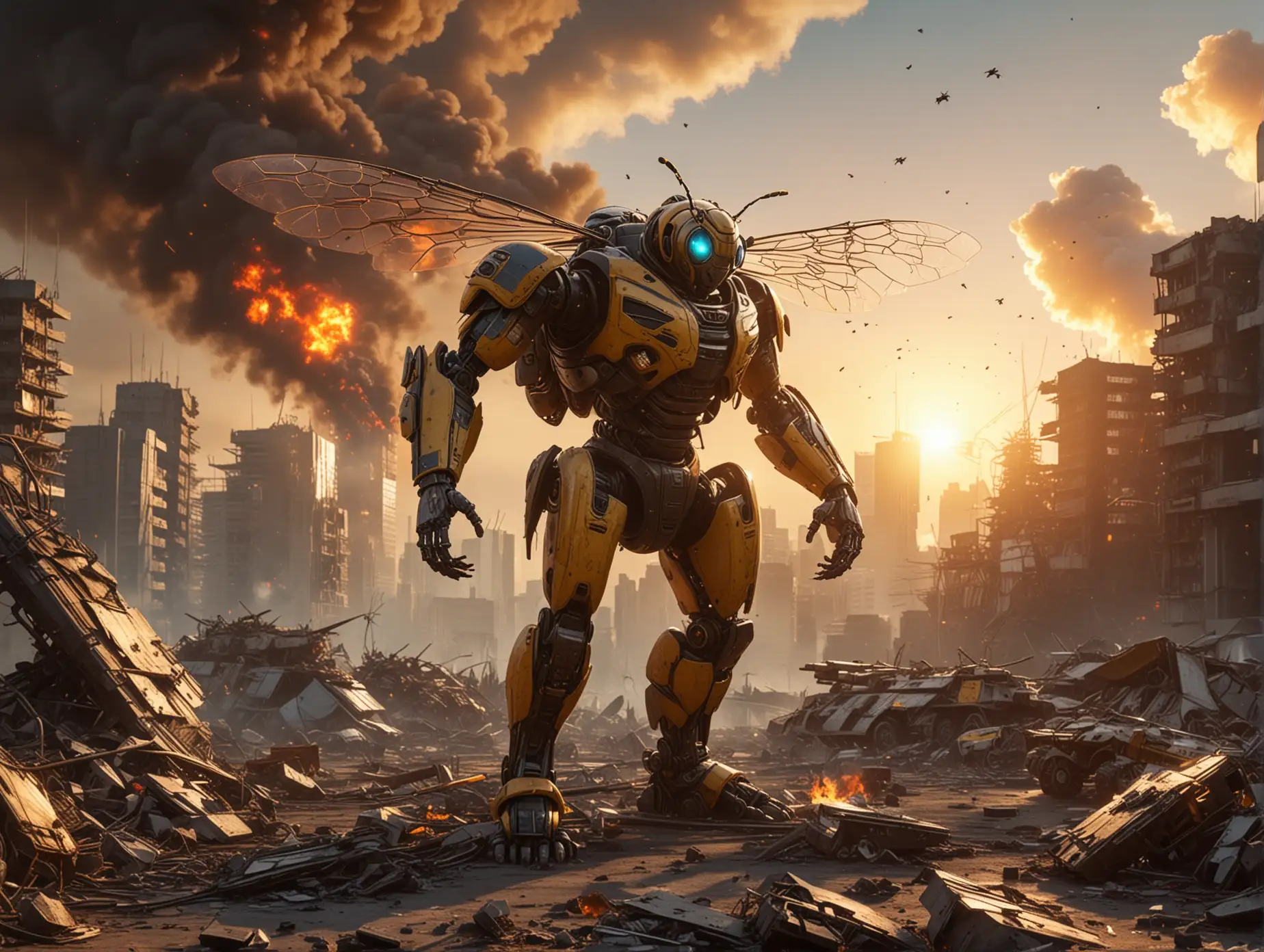 Giant-Cybernetic-Bee-in-Destroyed-Megapolis-at-Sunset