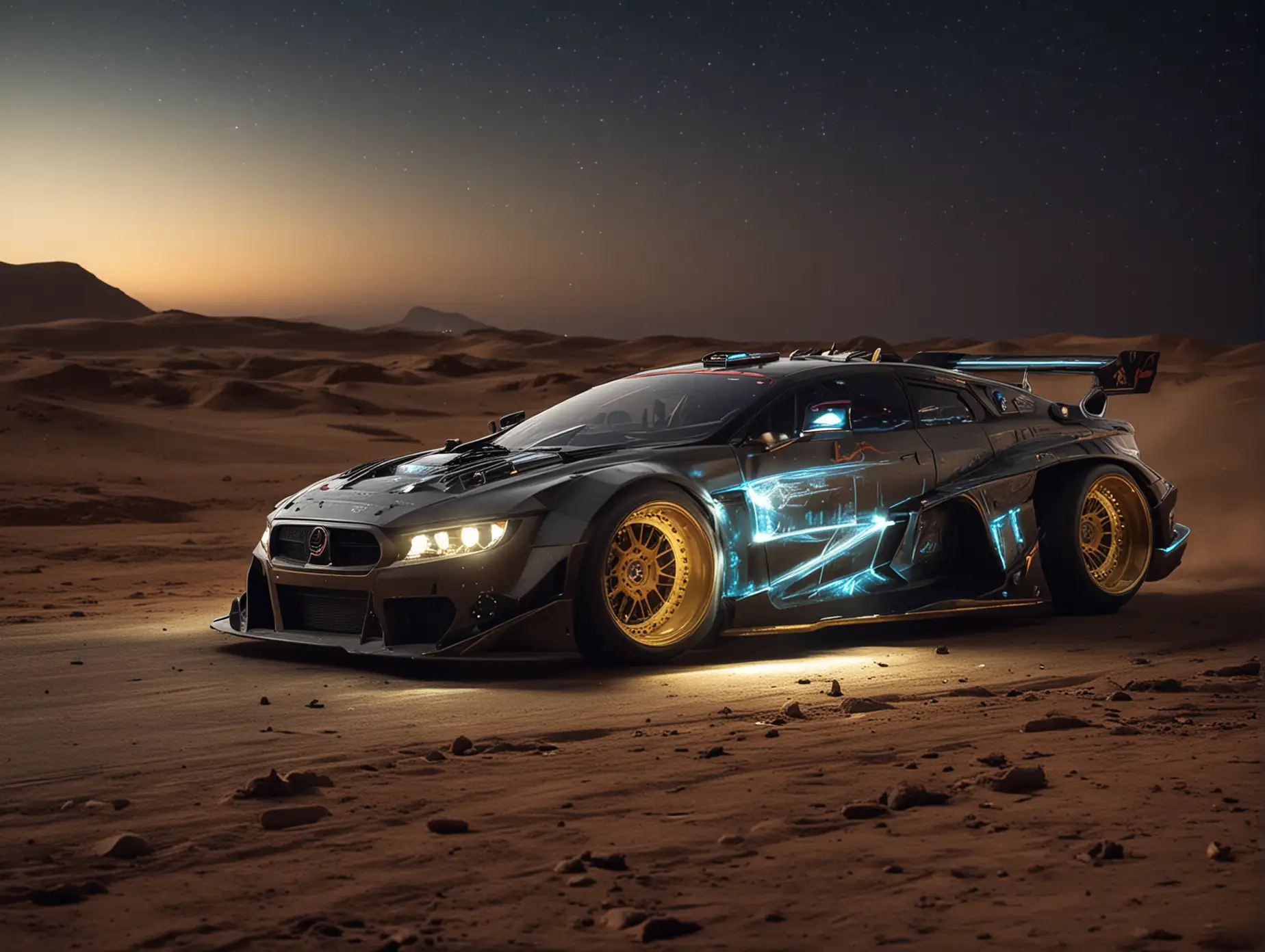 Create a futuristic drifting car for Egypt King in the countryside at night