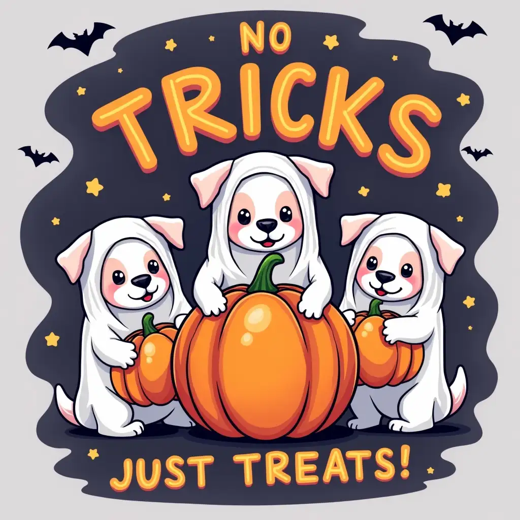 Create a Halloween-themed graphic featuring three adorable ghost dogs, each holding a pumpkin. The dogs should be dressed in ghost costumes, with sheet-like material draped over their heads. Bats should be flying around them, and a larger pumpkin should be placed in the center. The text 'NO TRICKS, JUST TREATS' should be prominently displayed in bold neon, contrasting fonts, with a playful, handwritten style. The overall style should be lighthearted and fun, with a touch of cuteness.