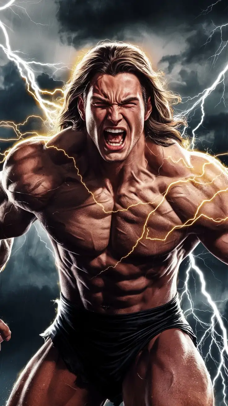 Supercharged brawn. Herculean powers. Golden electric glow. 19 years old. Superhero. In agony in a lightning storm. Long hair. Photorealistic.