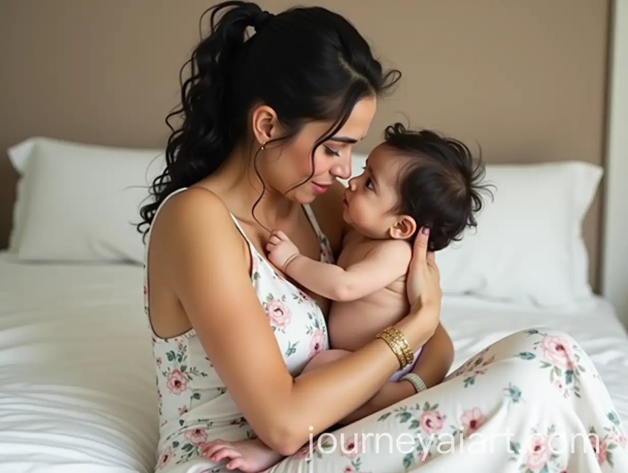 Young-Persian-Mother-Breastfeeding-Infant-on-KingSized-Bed