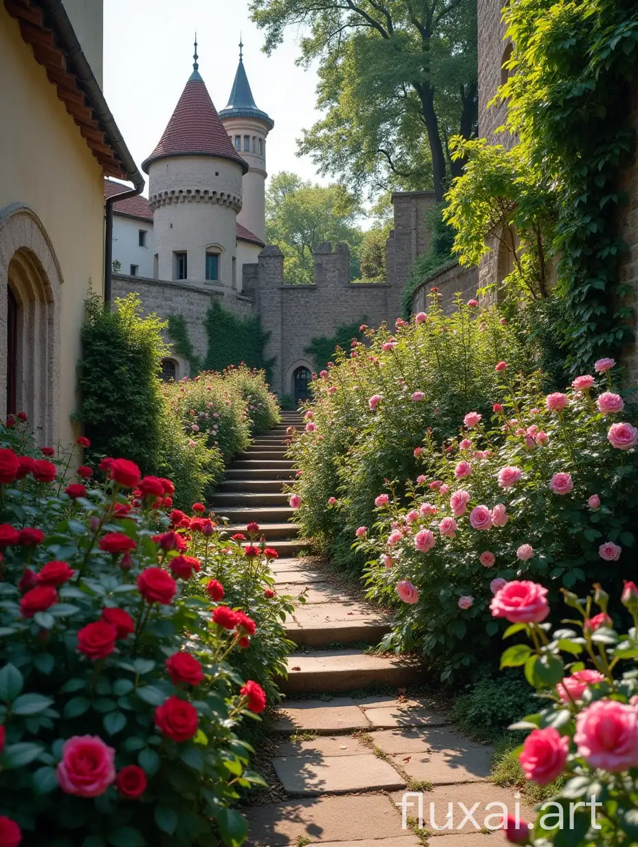 old garden with small red pink and white roses, steps of ruined medieval german castle entwined with roses, in botticelli medival style