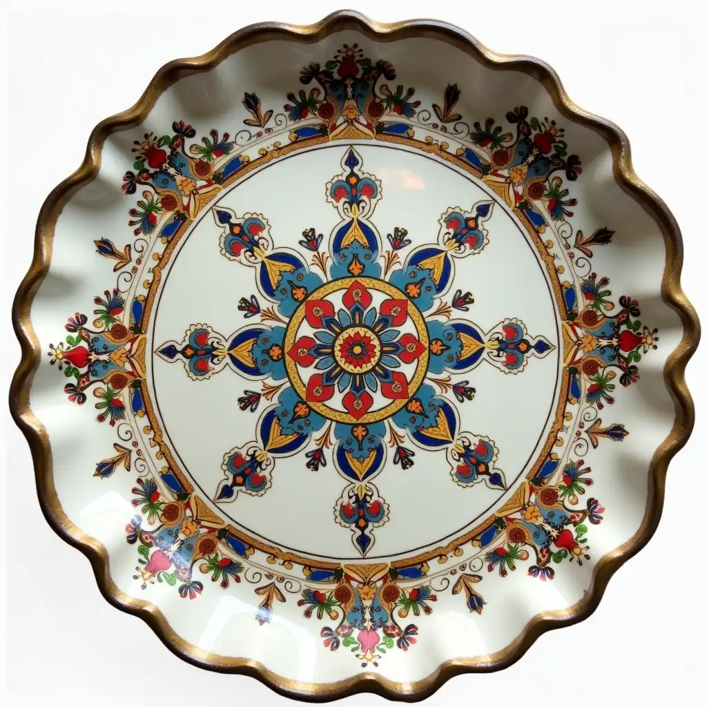 Ruffled edge circle ceramic tray with embossed beautiful handle,Underglaze painting on white body, Fine art, Hyper detailed, Antique and old, Qajar art, Iranian Tabriz carpet design