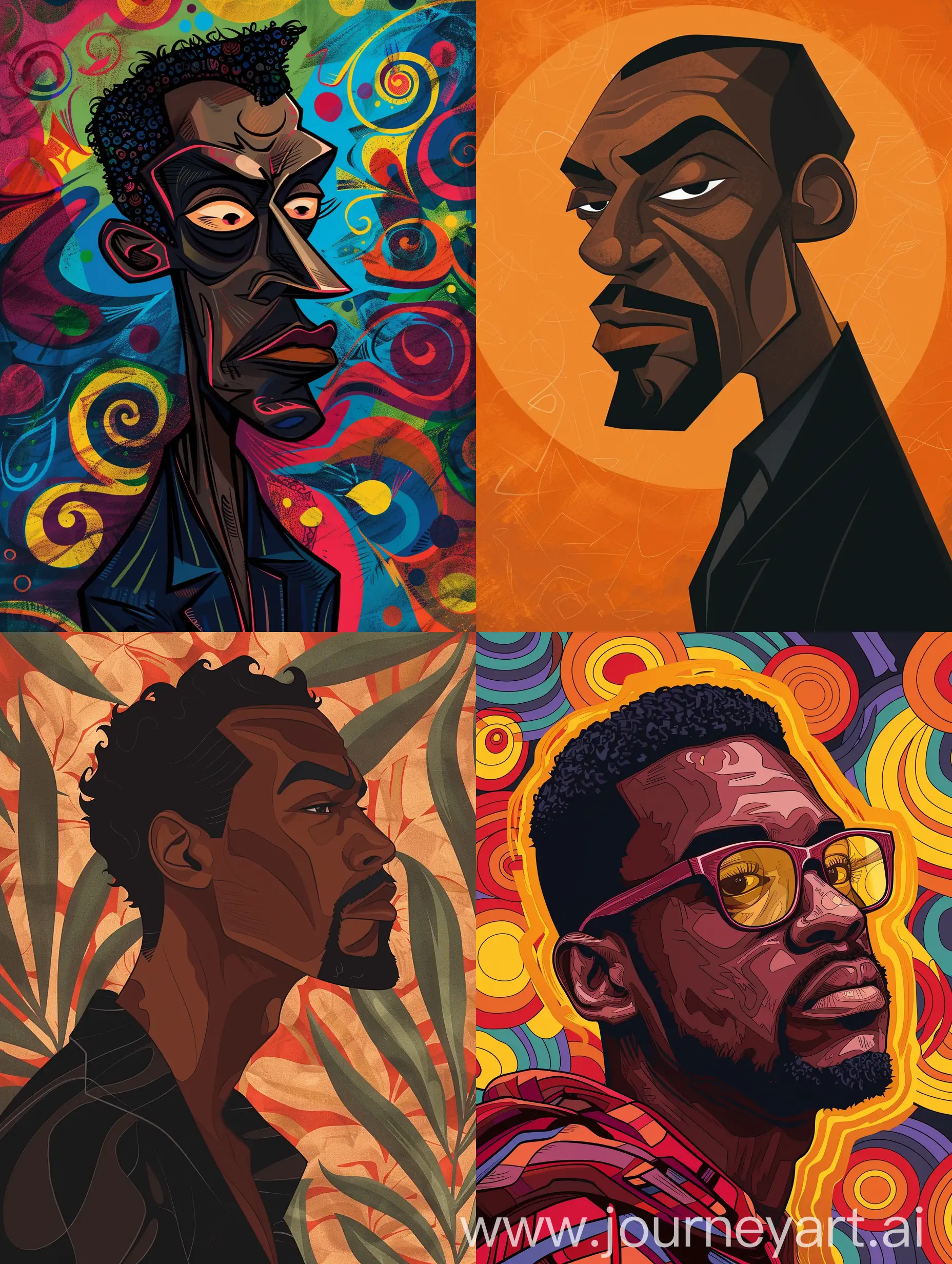 Stylized-Cartoony-Portrait-of-a-Black-Man-Against-a-Beautiful-Background