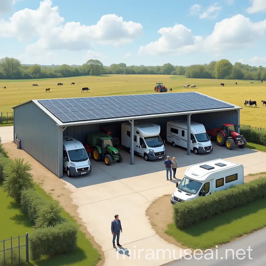 Rural French Agricultural Shed with Caravans and Farming Scene