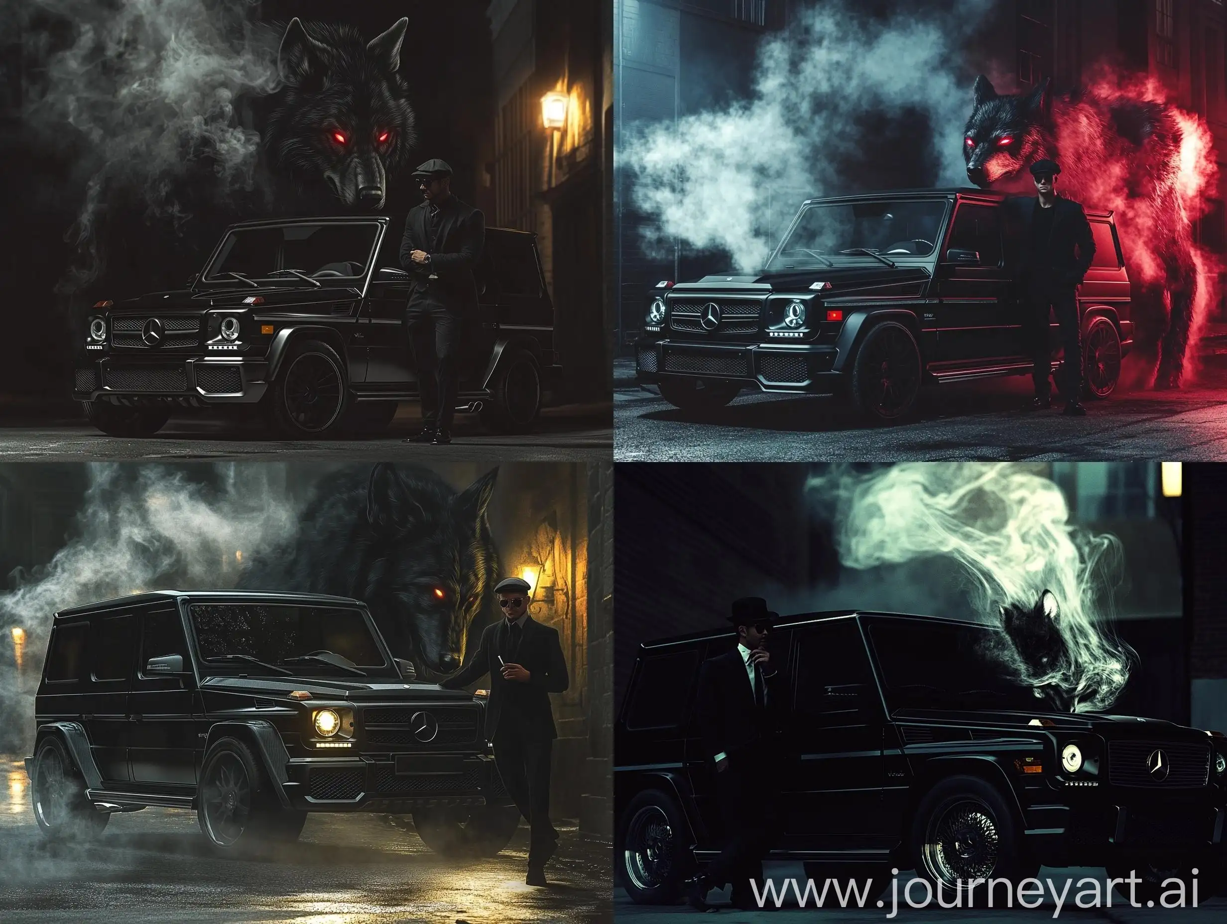 Cinematic-Noir-Scene-with-Black-Mercedes-and-Mystical-Wolf