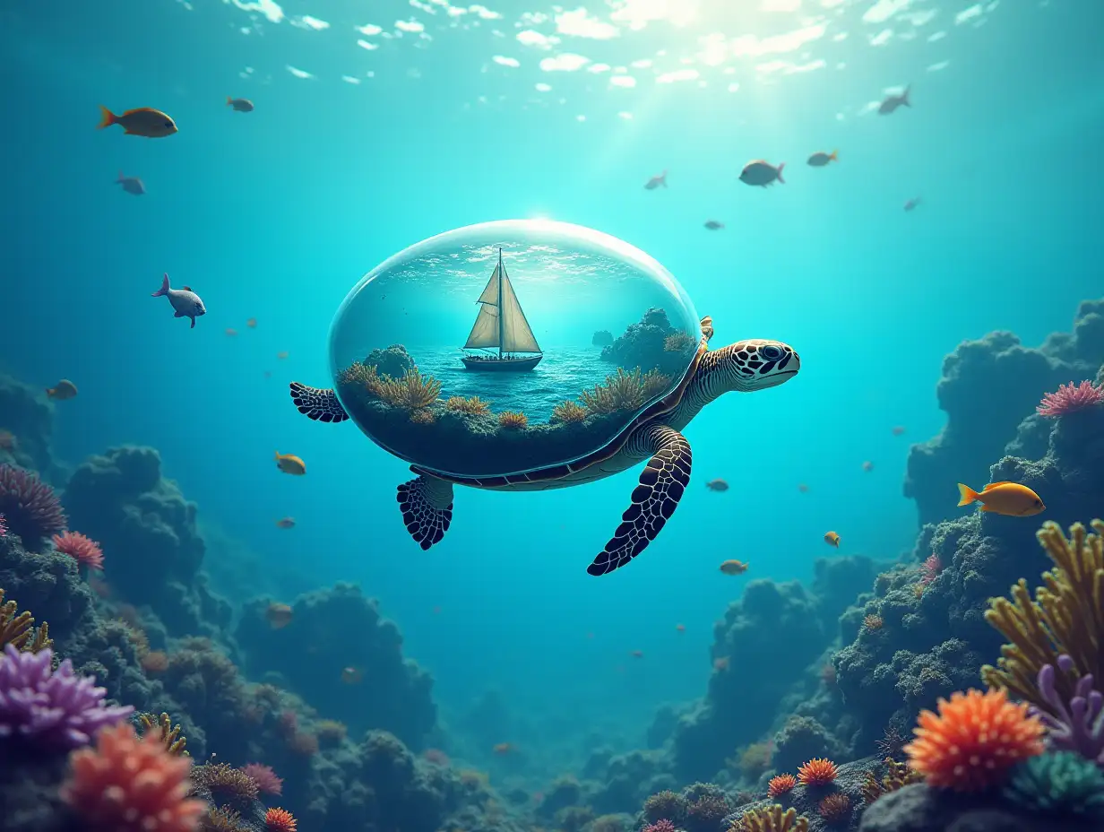 Create turtles floating on the sea surface with an oval glass container on the back with an ocean inside with a sailboat, waves, storm, colorful fish, colorful corals. 8K resolution in a bright and colorful environment