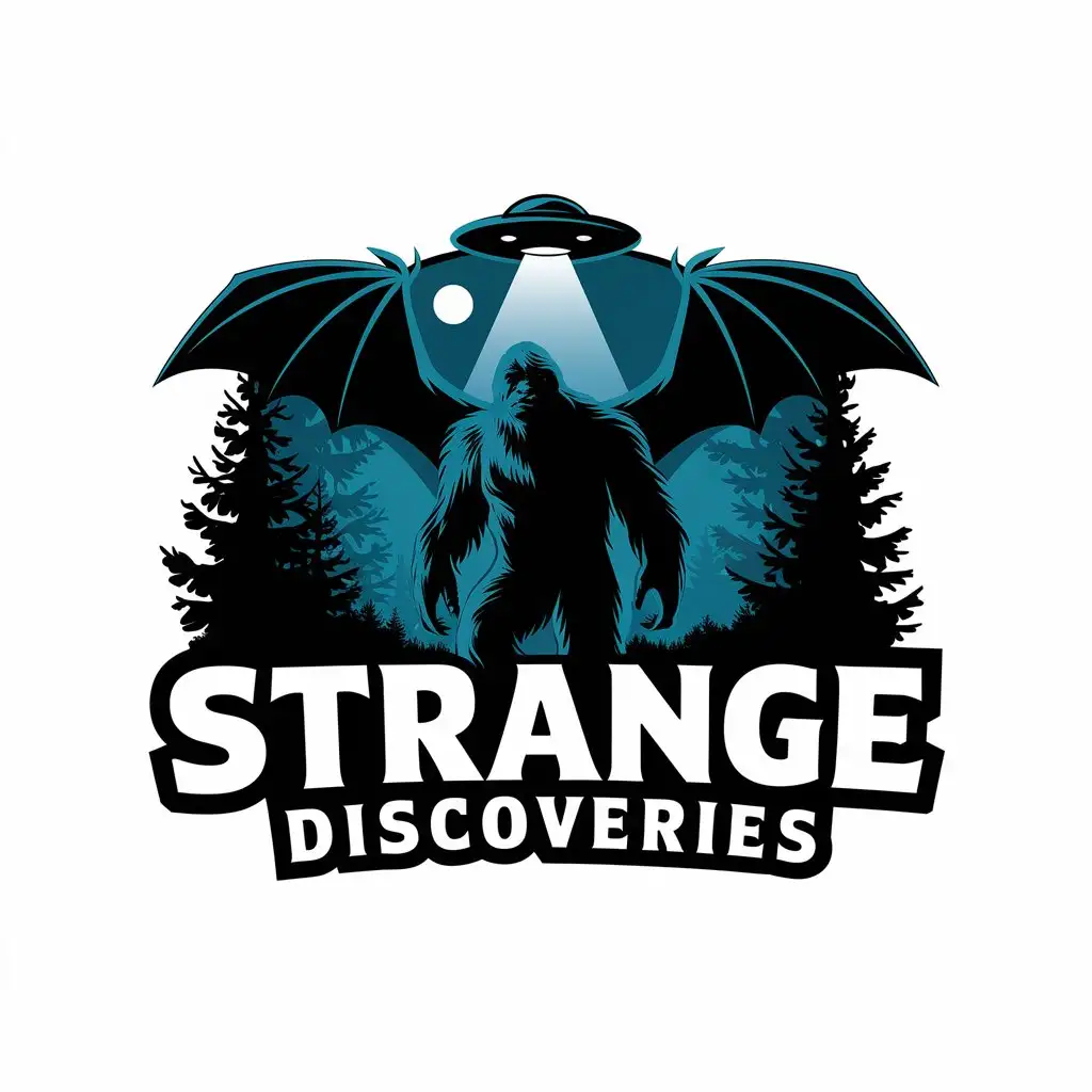 LOGO Design for Strange Discoveries Batsquatch Forest UFO and Moon with Clear Background