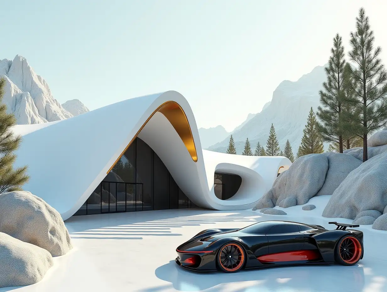 Create a high resolution realistic image of a futuristic white building with black and golden curves, large trees mountains, rocks and a futuristic black vehicle with red stripes