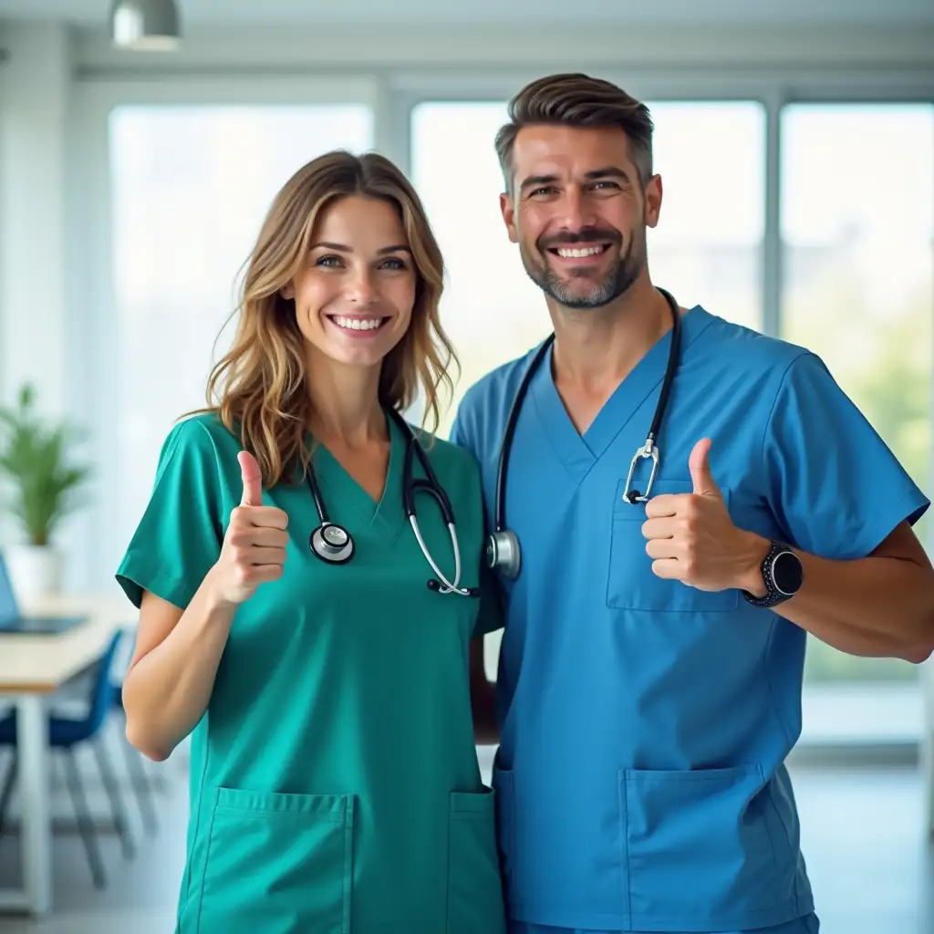 A realistic photo of two nurses, one male and one female, standing indoors in a bright, modern clinic or office. Both are wearing medical scrubs (blue and green), smiling, and giving a thumbs up. DONT PUT stethoscopes or medical equipment visible IN THEM. The background shows large windows, soft natural lighting, and a clean professional interior.