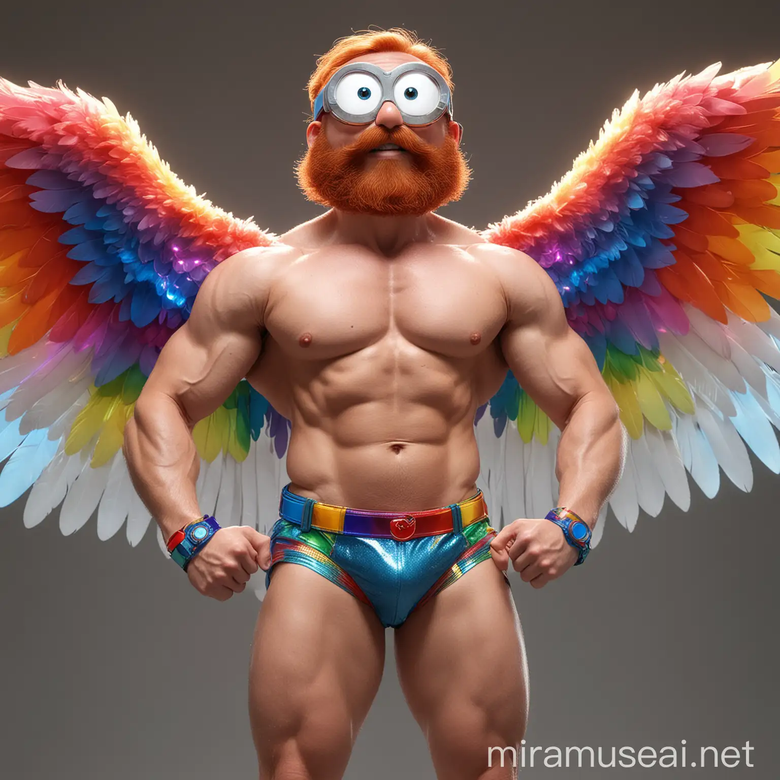 Muscular Bodybuilder Flexing with RainbowColored LED Wings and Doraemon Goggles