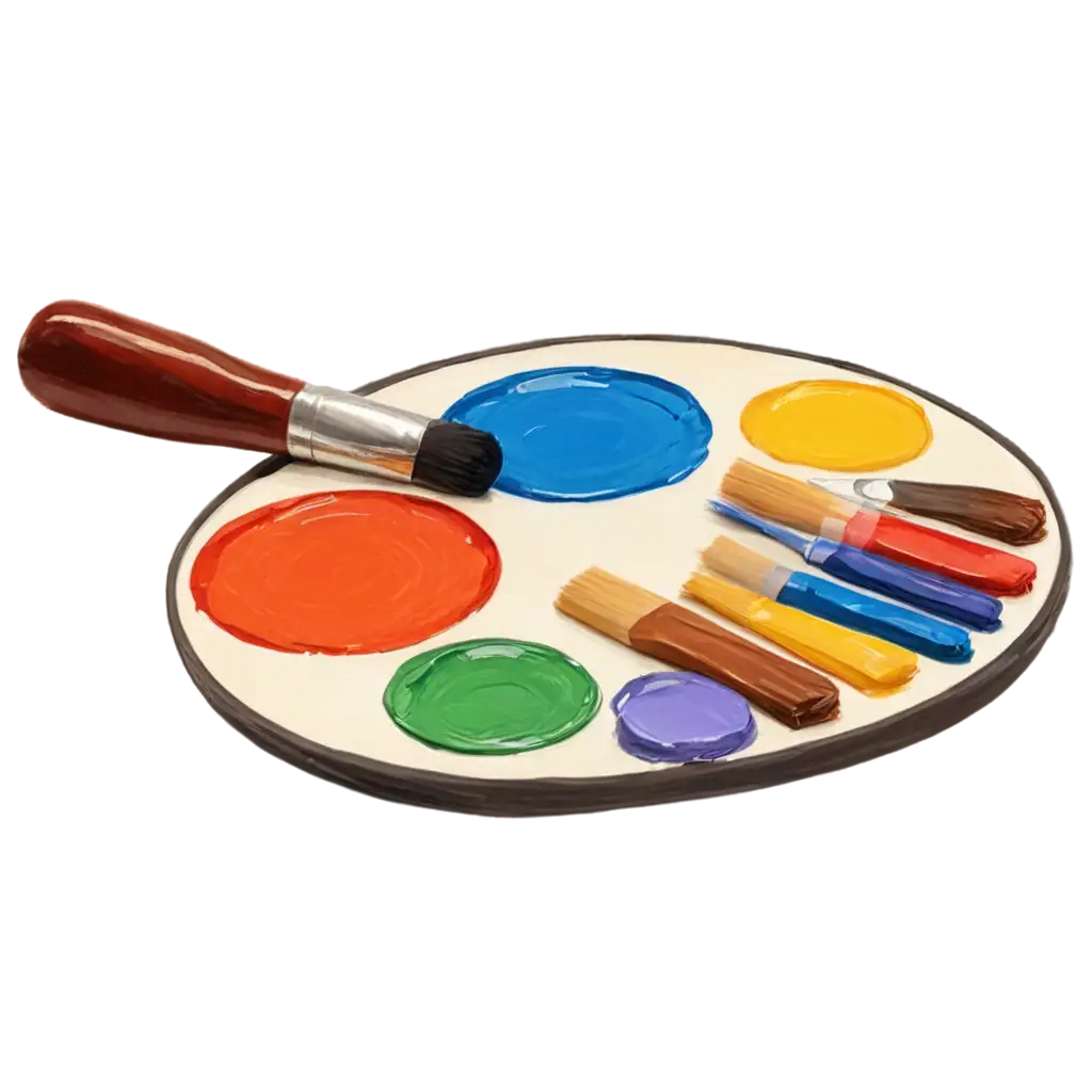 A vibrant PNG icon of a painter's palette with paintbrushes, representing creativity and artistic expression. The colors on the palette should be distinct, and the brush should have a clean, professional look. The icon should have a transparent background.