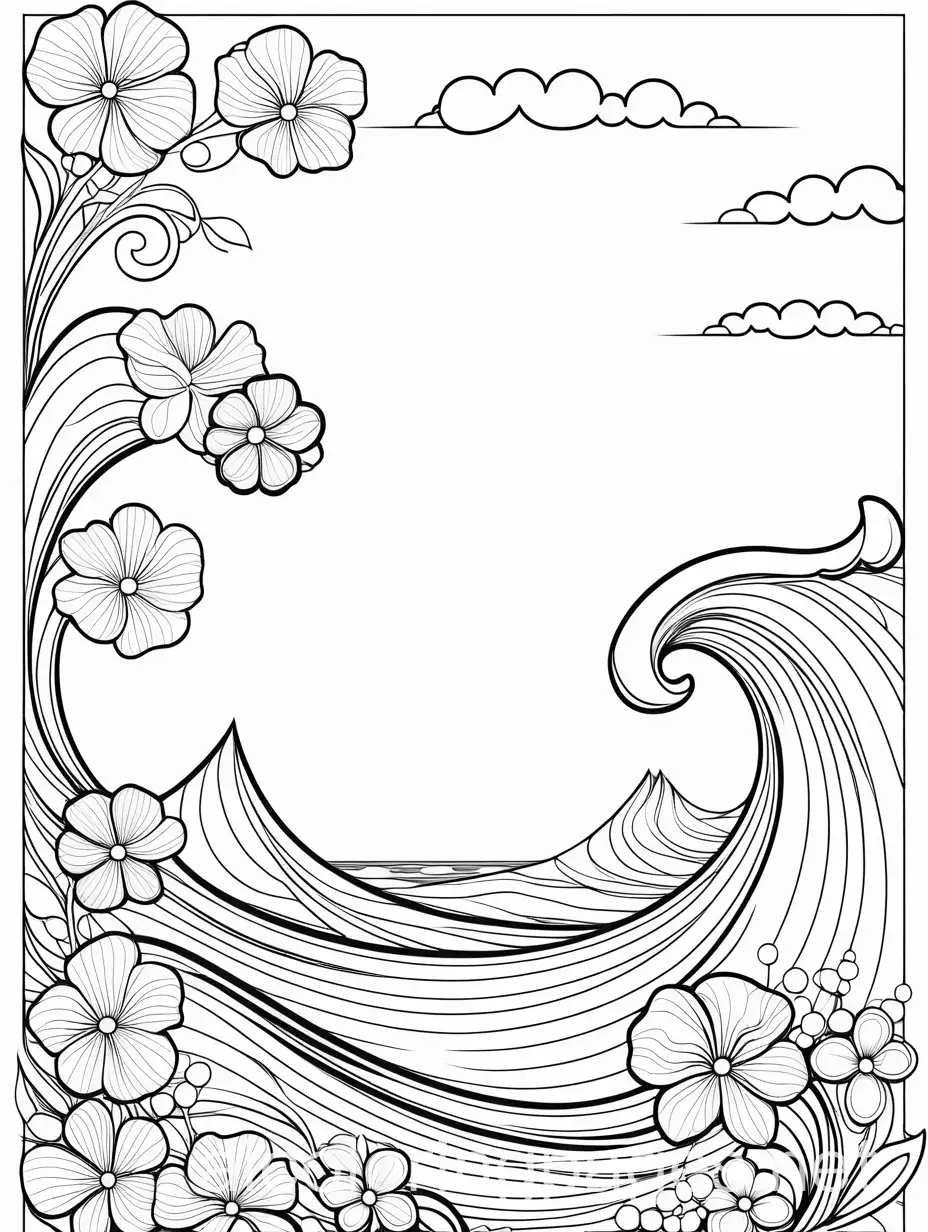 Sea-Wave-with-Surrounding-Flowers-Coloring-Page