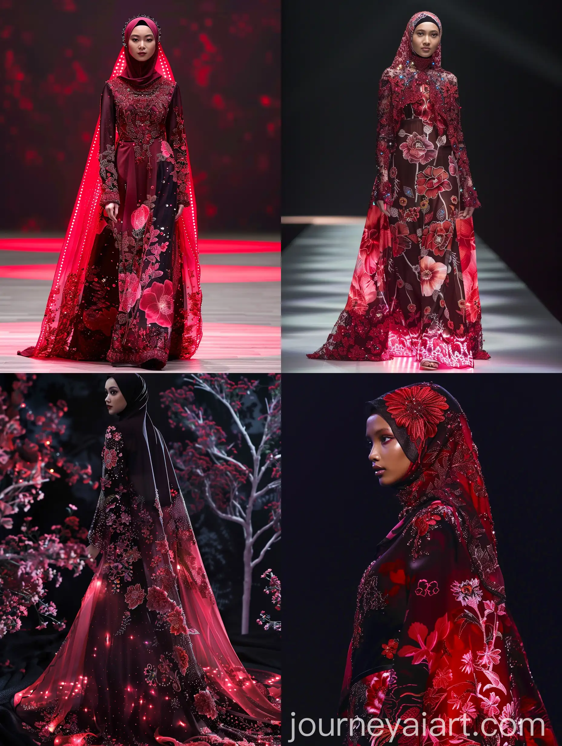 Stunning-Futuristic-Baju-Kurung-Kebaya-and-Hijab-Ensemble-with-Hibiscus-Patterns-and-LED-Lights