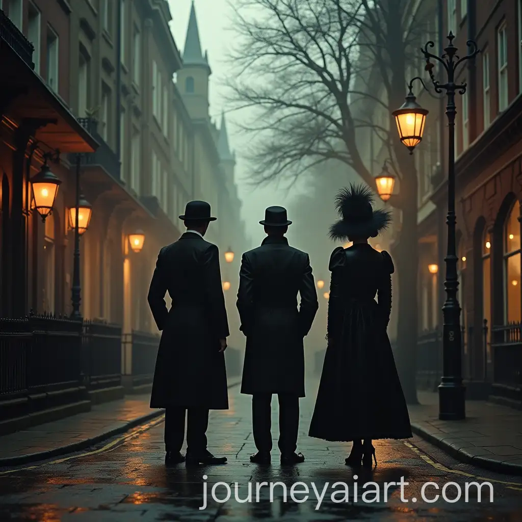 Sherlock-Holmes-Dr-Watson-and-MissAI-Image-Prompt-Expansion-Adler-in-Surreal-Stylized-London-Street-Scene