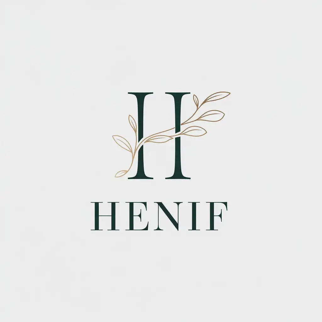 LOGO Design for HENIF Elegant Gold and Dark Green Refined H with Plane TreeInspired Leaf Elements