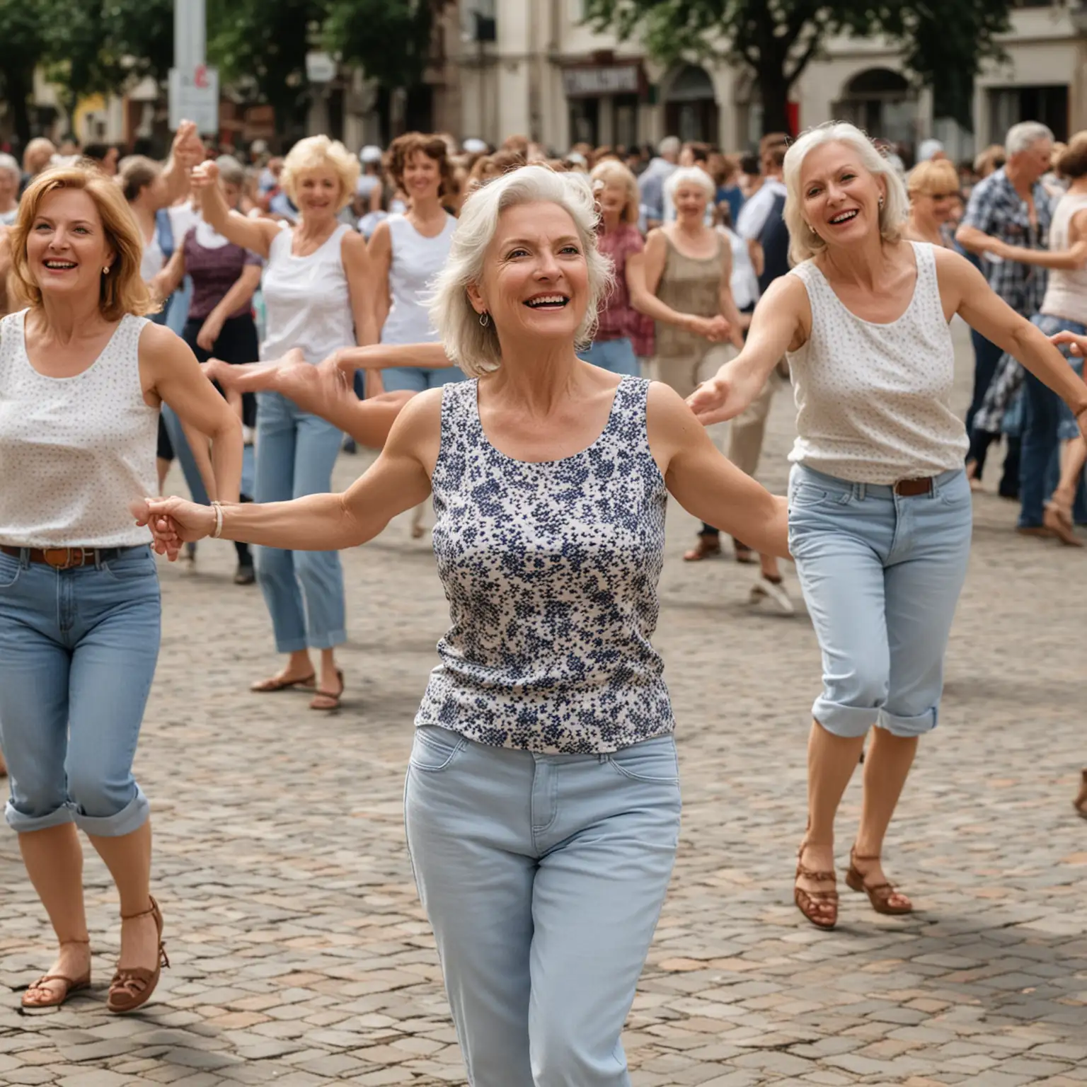 Middle-aged women in a cotton sleeveless top, dancing square dance on the square