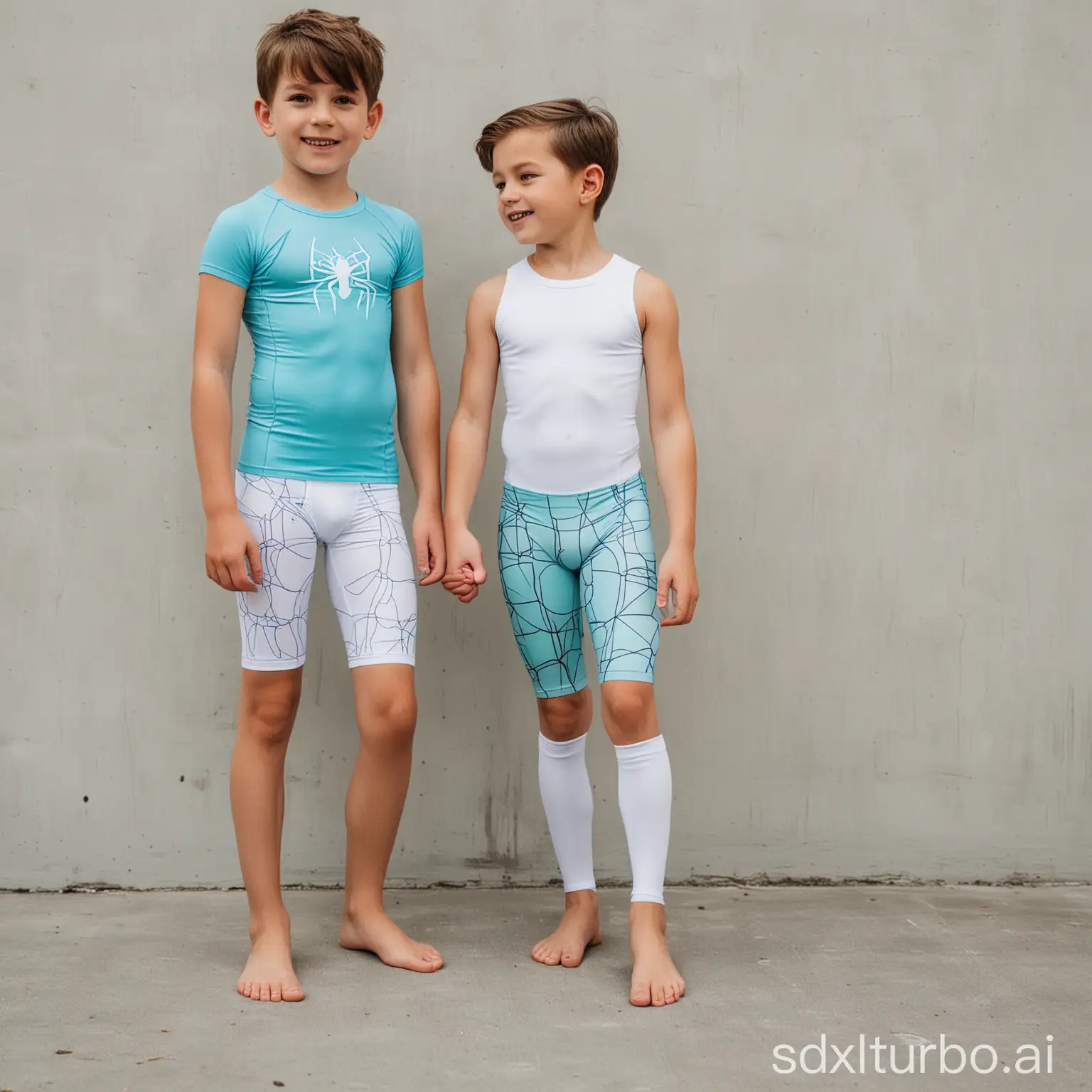 Two-Boys-Dressed-in-Aqua-SpiderMan-Compression-Shorts-Playing-Barefoot