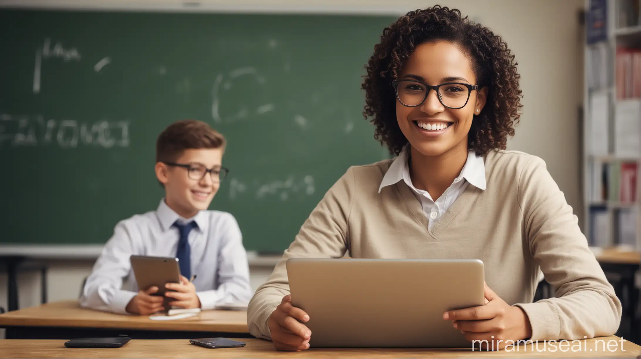 Joyful Teacher Embracing Classroom Technology