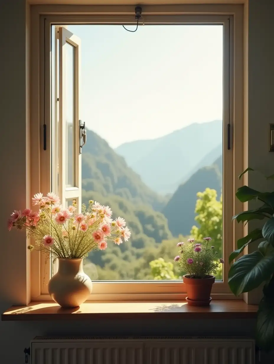 a light room, living flowers on the shelf, an open window, mountains beyond the window