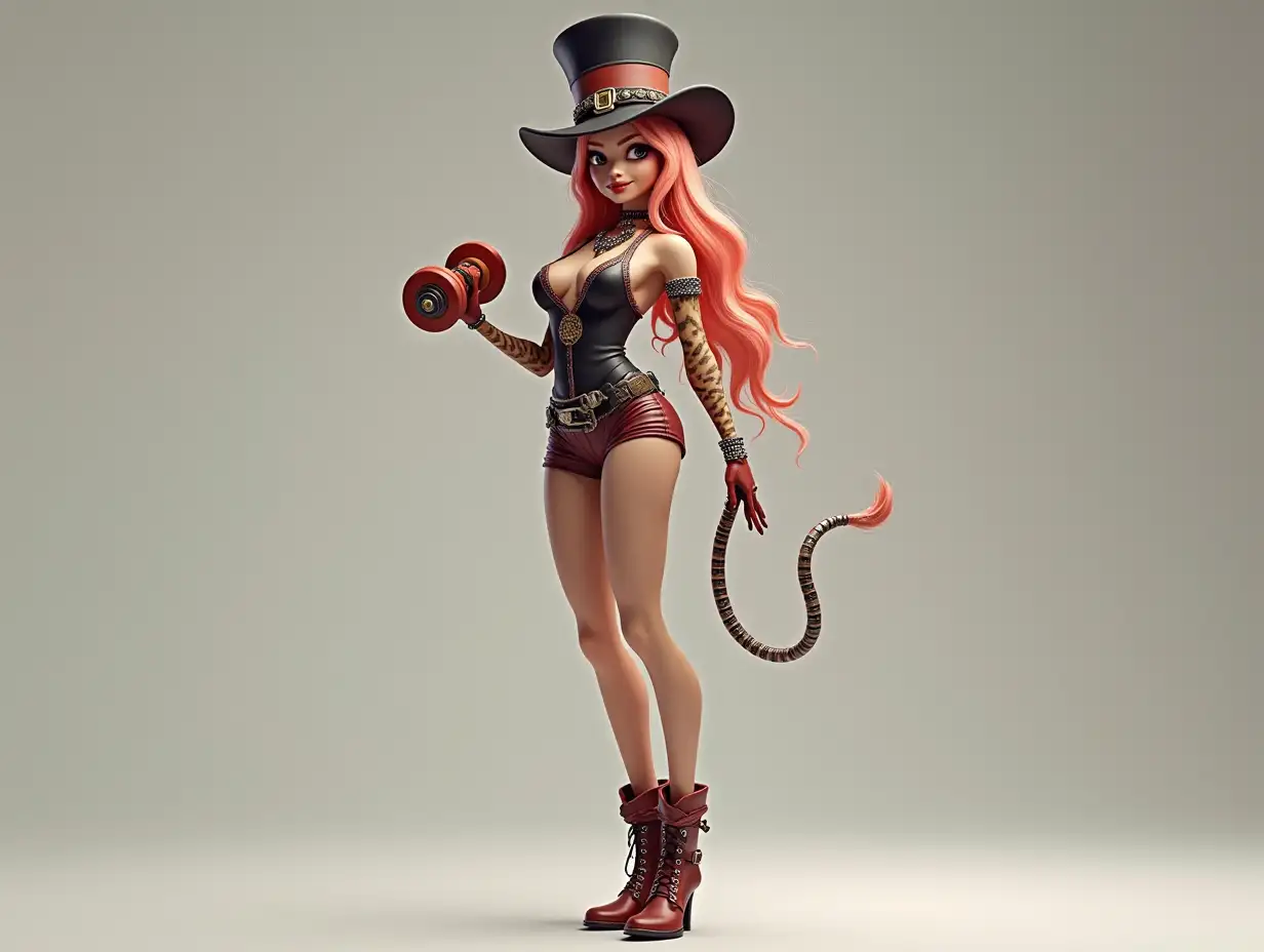 A very long 3-D female figure with very thin hairy legs and very long thin arms with top hat and boots and wears jewelry.and has a dumbbell in the hand 4K resolution Colorful