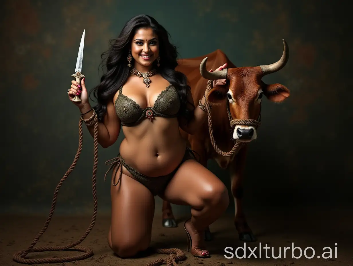 Indian-Woman-in-Bikini-Guiding-Cow-with-Knife