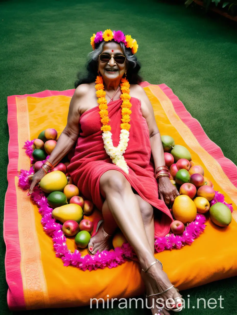 Elderly Indian Hindu Woman Monk Relaxing in Lush Garden with Mango and Gifts