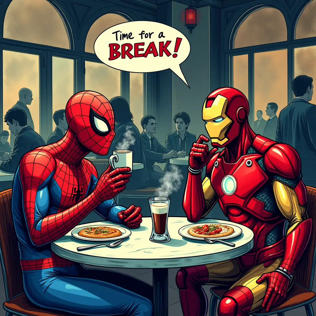 Spiderman-and-Ironman-Enjoying-Breakfast-in-French-Art-Deco-Restaurant-with-Surrealist-Vibe