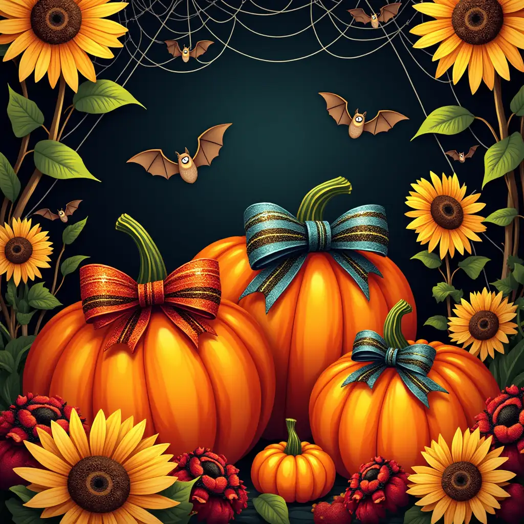 Vector. A vibrant autumn scene featuring sunflowers, pumpkins, and glittering bats. The pumpkins are adorned with colorful bows and plaid ribbons. Spider webs weave through the background, adding a spooky touch. The image should have a bold, festive aesthetic with contrasting colors and detailed textures. Elements such as the petals of the sunflowers, the ripples in the bows, and the delicate threads of the spider webs should be clearly visible.