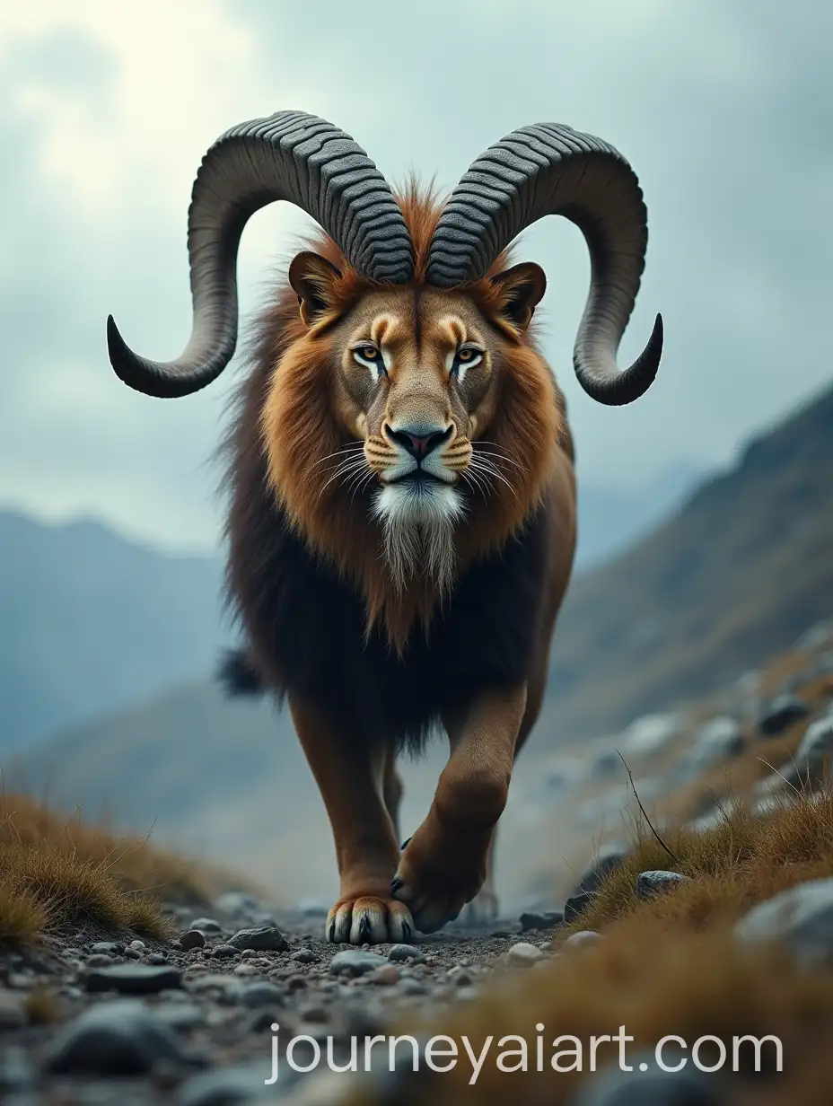 Hybrid-Lion-Markhor-Creature-Walking-Through-Rugged-Mountain-Terrain