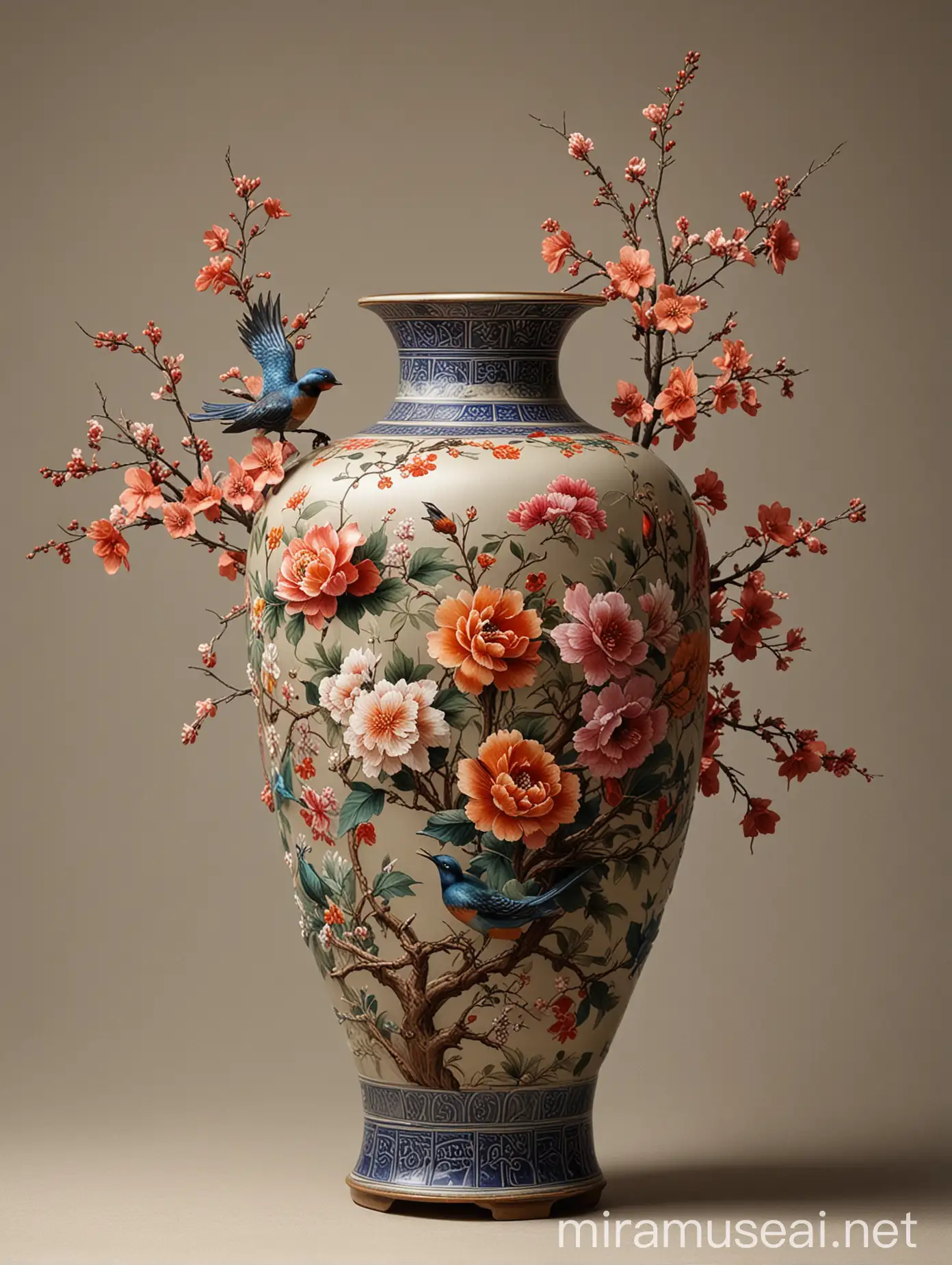 Traditional Chinese Flower Vase with Lively Floral and Bird Paintings