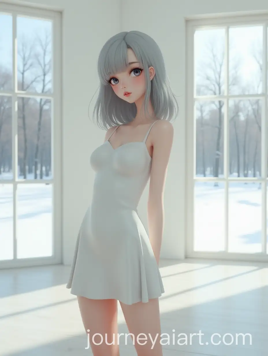 Beautiful-Girl-Model-in-White-Dress-with-Winter-Landscape-View