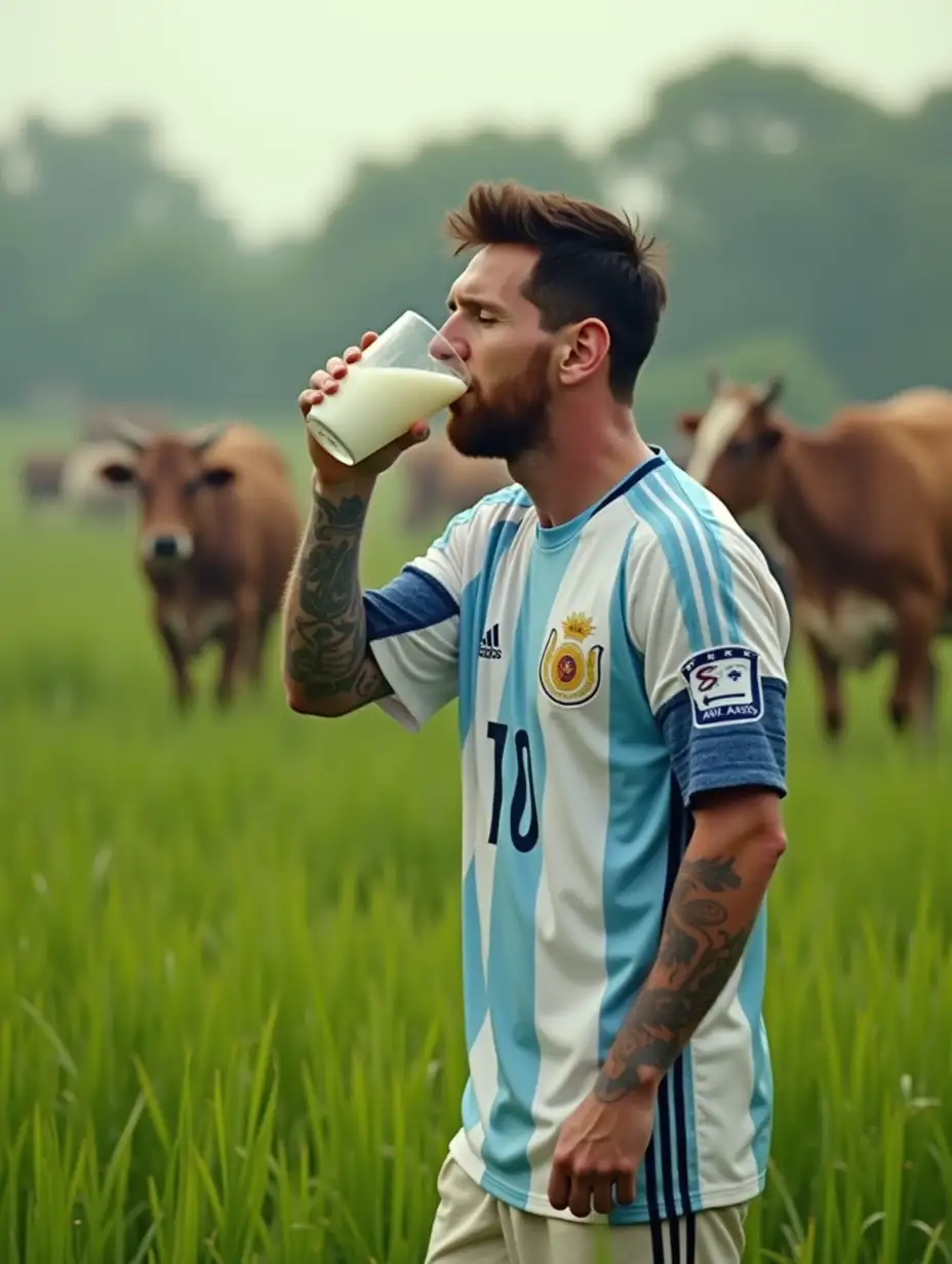 Close up, dynamic motion: Lionel Messi, weared an Argentina football jersey, drinks a glass of milk in a morning by a farm. Lush green grass, cows, and Indian farmers populate the background. The serene rural setting enhances the scene.