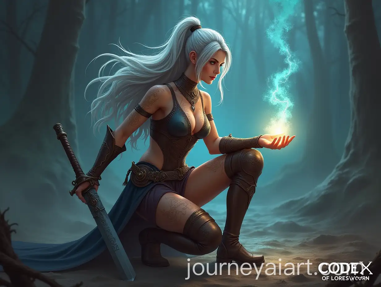 Beautiful-Woman-Warrior-with-Glowing-Runes-and-Magic-Spell-in-Action-Roleplaying-Game-Cover-Art