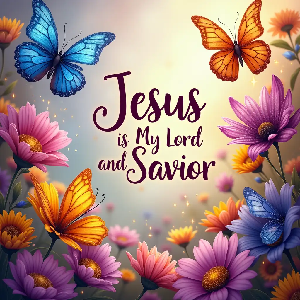 A vibrant floral scene with colorful butterflies fluttering amidst blooming flowers. The butterflies have sparkling wings in shades of blue, purple, yellow, and orange. The phrase 'Jesus is My Lord and Savior' in bold, cursive script amidst the flowers. The image should have a magical, uplifting aesthetic with detailed textures and shimmering effects. Elements such as the scales on the butterfly wings, the petals of the flowers, and the sparkles on the background should be clearly visible.