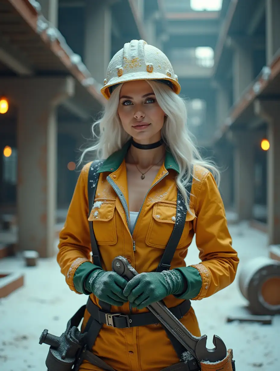 This realistic photograph shows an elegant young hot woman with incredibly beautiful breasts, white hair, white skin in cinematic lighting, high contrast, standing confidently in the snow, she is dressed in a yellow and green work uniform in the middle of an organized work site tightening a part with a large wrench, surrounded by construction tools and equipment against a background of steel beams, concrete floors and partially built structures, lit with soft, warm light, complex detailed lighting. The image is of exceptional high quality, with sharp details and vivid colors that really bring the subject to life. The scene comes alive with vivid colors and intricate details, creating a realistic and exciting picture that exudes a sense of grace and hard work.