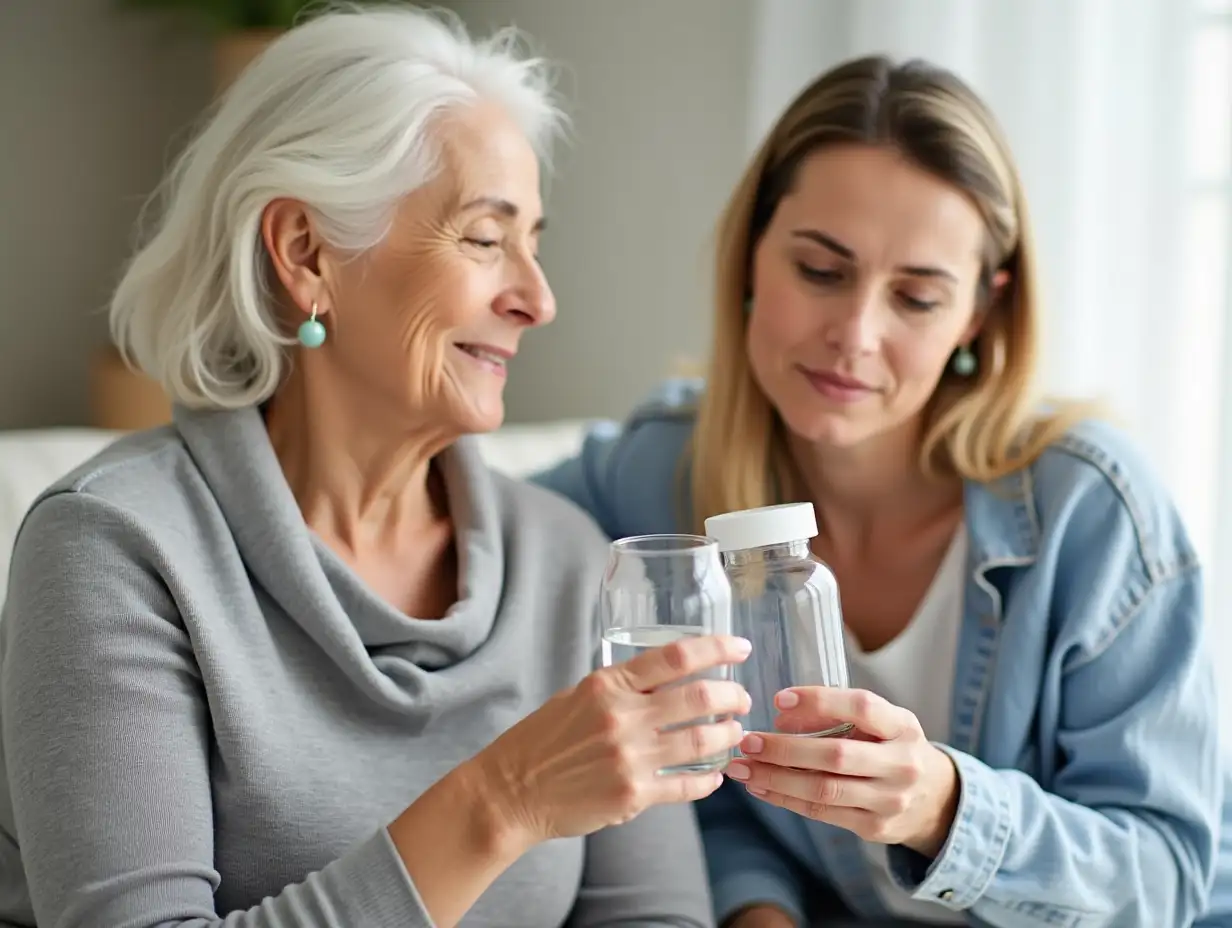 Senior-Woman-with-Breast-Cancer-Drinking-Water-and-Medicine-Daughter-Caring-for-Her