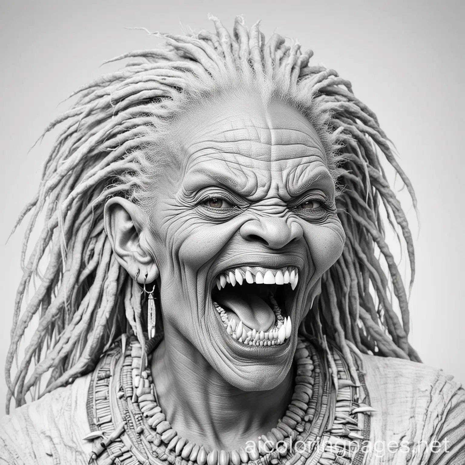 Coloring-Page-of-an-Old-African-Female-Monster-with-Fangs