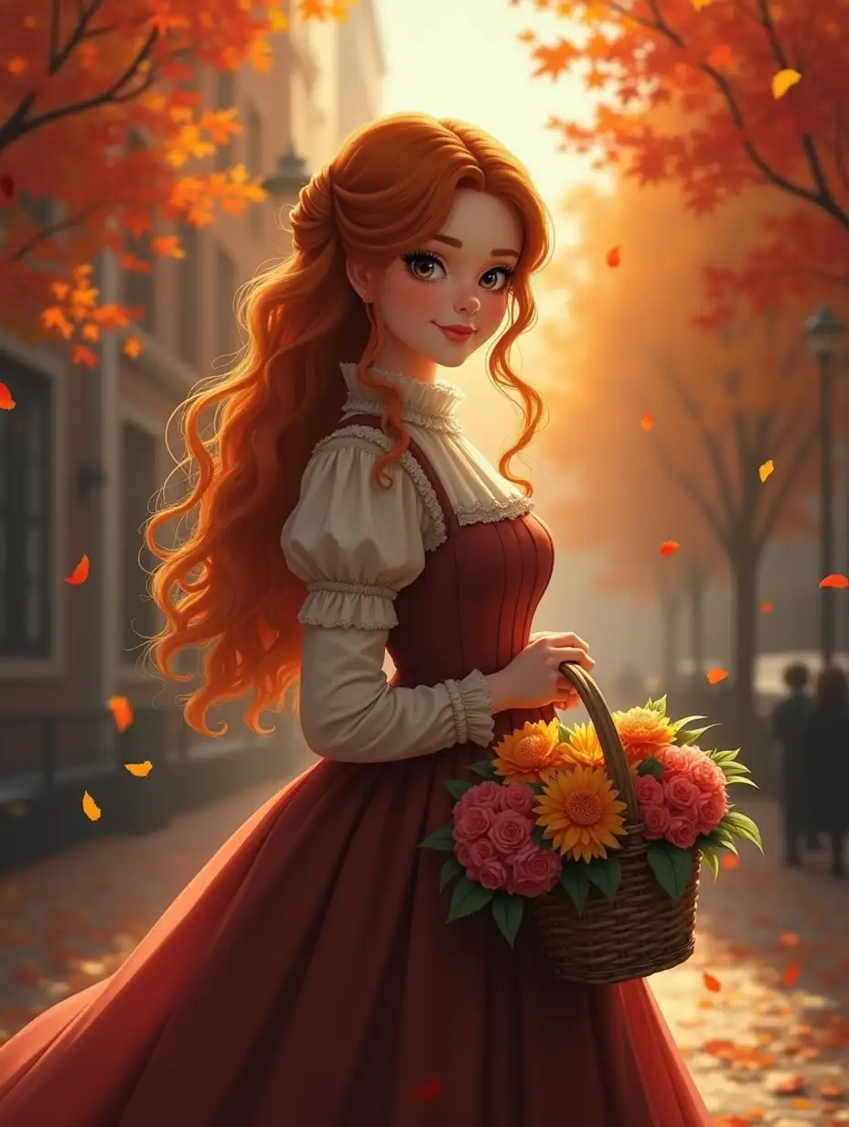 cute ginger hair girl, victorian dress, curvy girl, holding a basket of flowers in hands, autumn city background, red and yellow leafs, atmospheric, dynamic angle