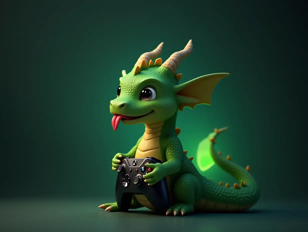 studio shot, Animated Glowing, cute green baby dragon, toung out of his mouth, playing video games with xbox controller, side view