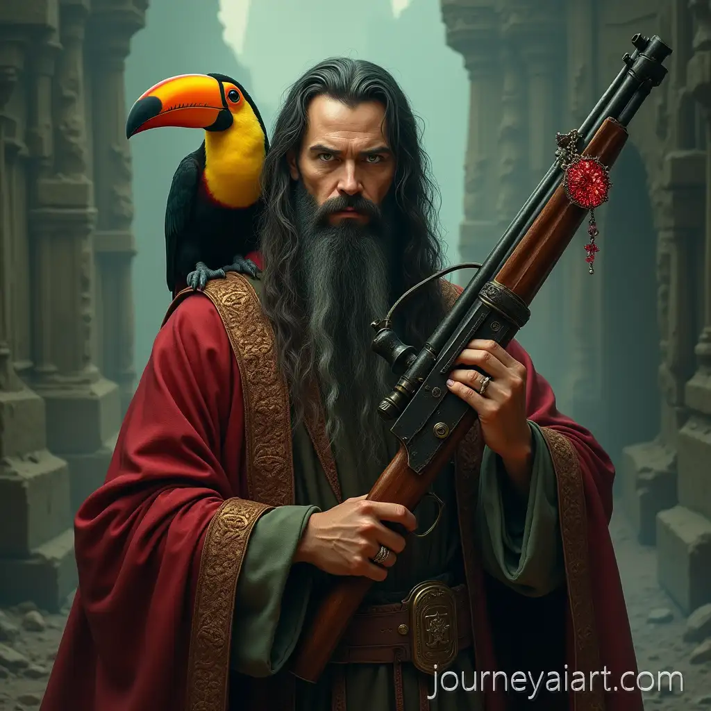 Davy-Jones-Portrait-with-Magical-Revolver-and-Toucan-in-Front-of-Ancient-Tower