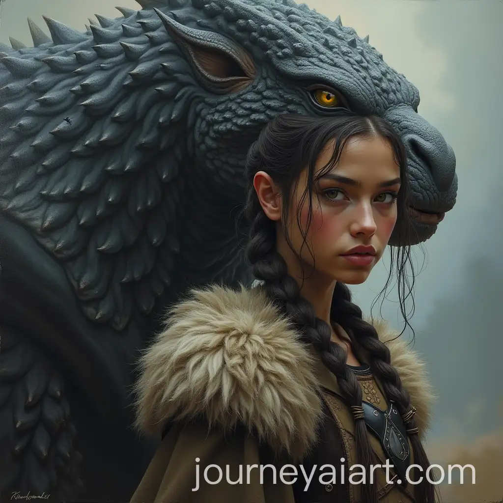 Young-Warrior-Woman-and-Cinematic-Fantasy-Monster-in-Dark-Fantasy-World