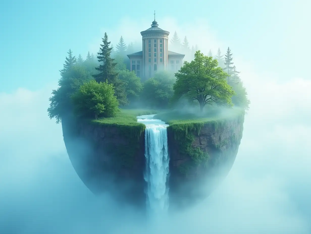 Create a globe, from whose upper half a building, forest, waterfall comes out and with blue sky with fog