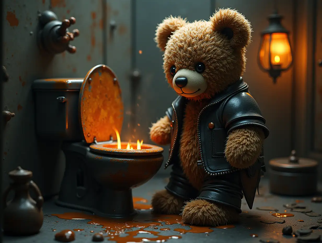 Creating a digital photo of a teddy bear with metal armor slime hairs, which gets into a building with brown soup worms and illuminated toilet with rust from iron and a river with floating paint fog and rusty lanterns and strange ghastly creatures