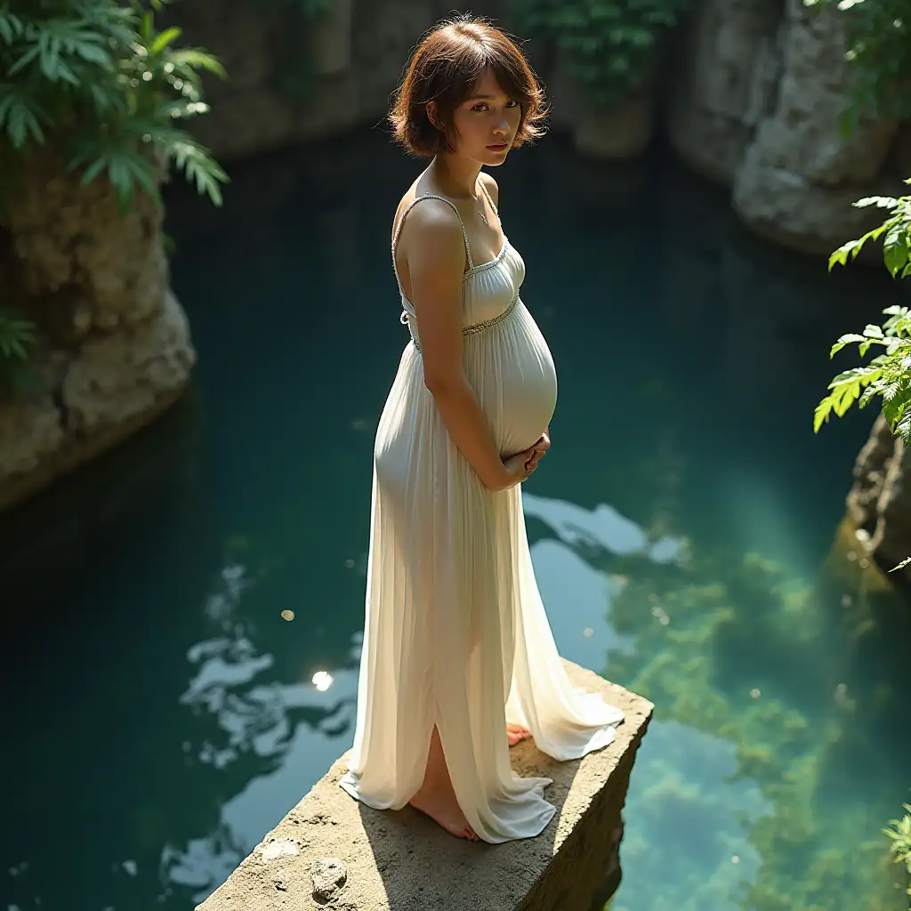 Pregnant-Teen-Girl-in-White-Dress-Standing-on-Stone-Pillar-Surrounded-by-Water