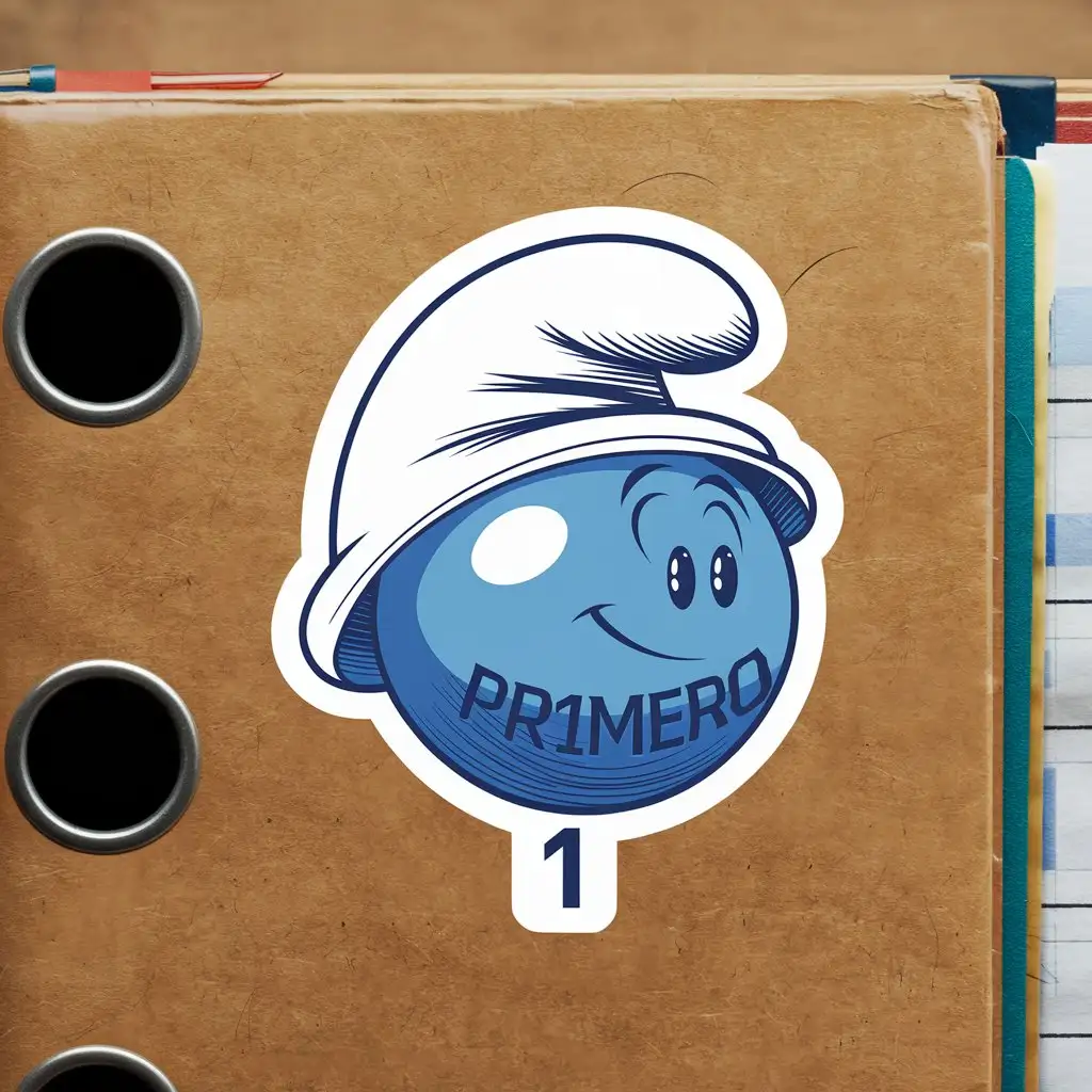 a drawing of a sticker stuck on a school folder. The sticker is a blue, 3d sphere wearing a Phrygian cup, like that of the Smurfs, in a white background. On the sphere it says the word PR1MERO, below is the number 1.