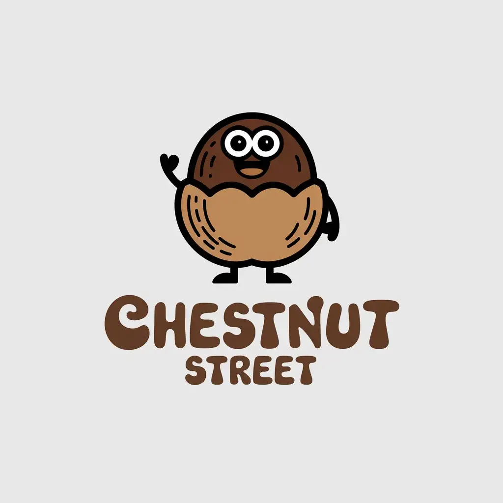 a vector logo design,with the text "Chestnut Street", main symbol:Design an anthropomorphic image of a chestnut, with big big eyes and a smiling mouth, as if waving at customers. The body of the chestnut is made up of two rounded parts, and the outer shell has simple texture lines. Write 'Ginkgo' in bold artistic font under the anthropomorphic chestnut, with bright brown color, and every word has some playful curves and deformation. Fill the blank space of the logo with some star or small heart patterns, these patterns are light brown color, creating a happy and interesting atmosphere.,Minimalistic,be used in Retail industry,clear background