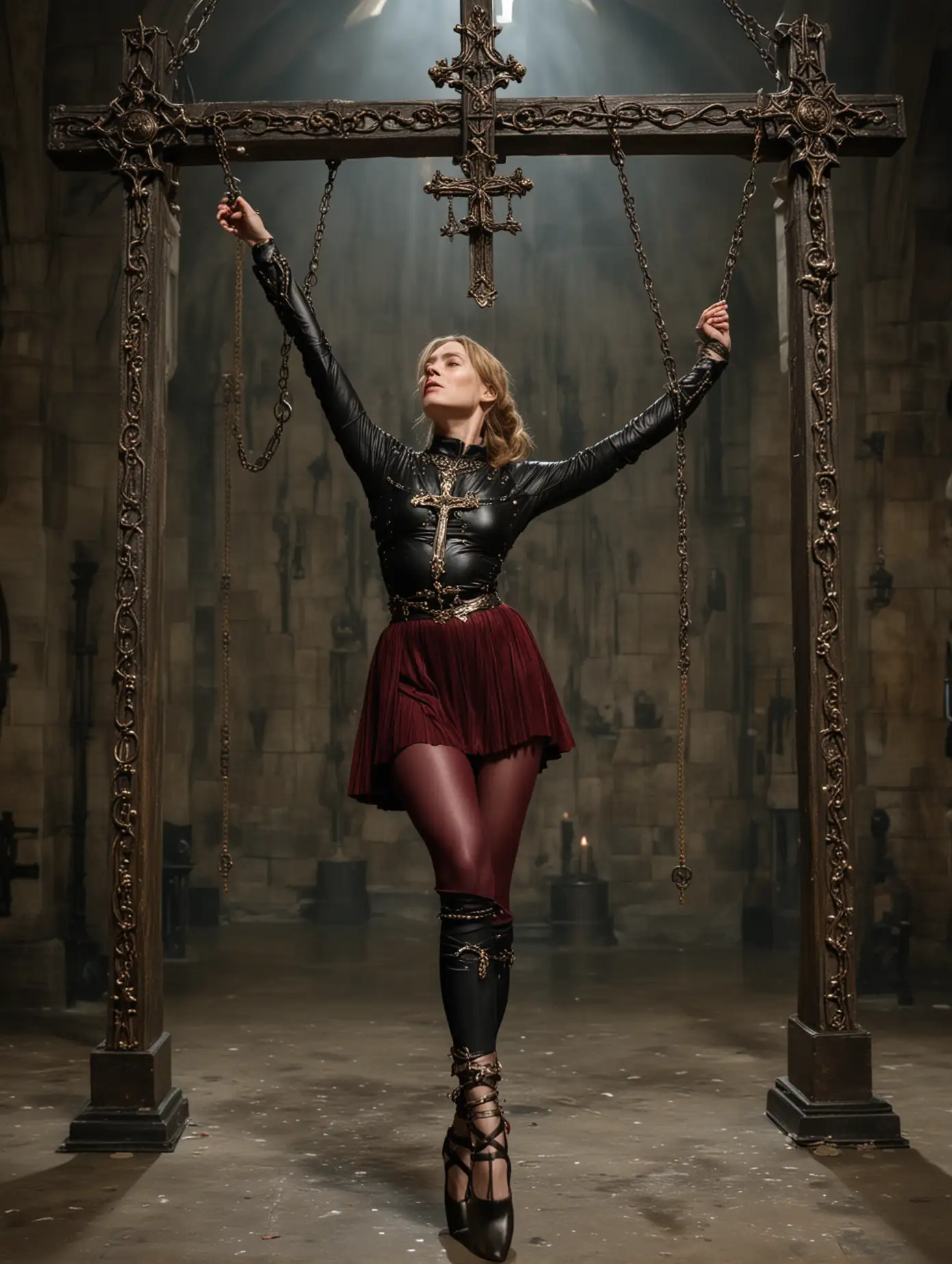 Medieval-Dungeon-Scene-with-Cersei-Lannister-in-Black-Leotard-and-Chains