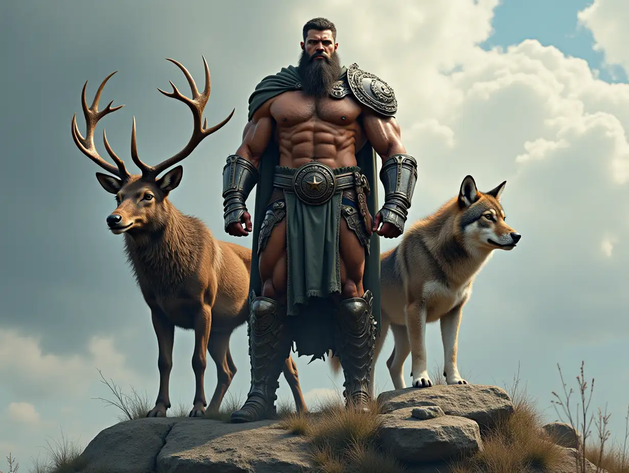 A very detailed photo. A full body representation of an Animal-Hybrid bodybuilder with armor and elk and wolf on a rock